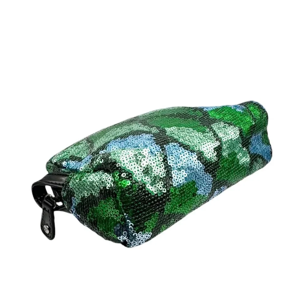 New Stephanie Johnson Makeup Cosmetic Bag Blue Green Sequin Zip Medium Size